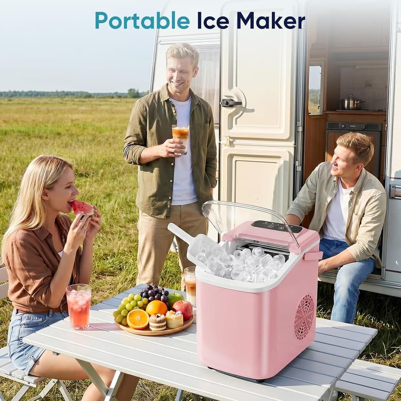 DUMOS Ice Maker Countertop, Ice Machine with Portable Handle, Basket and Scoop, 26lbs Daily, 9 Bullet Cubes in 6~8 Mins, Auto-Cleaning for Home, Kitchen, Office, Outdoors, RV Camping