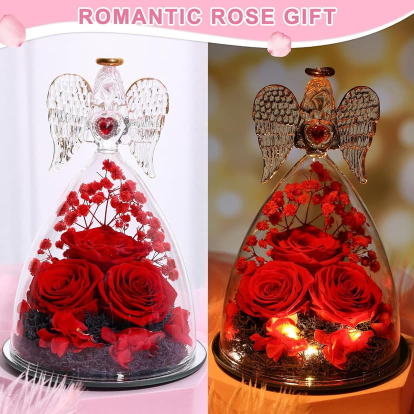 Mothers Day Rose Gifts for Women, Large Angel Figurines with Real Roses, Preserved Real Flower Rose for Her - Red