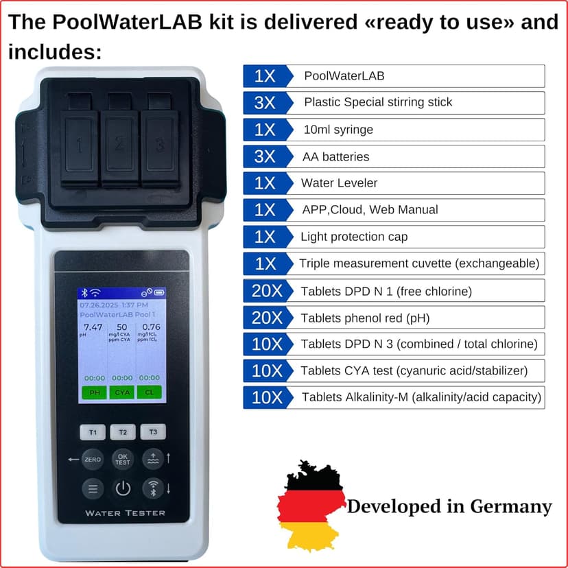 Digital Pool Water Tester Photometer – Accurate Water Analyzer for Pools, Spas & Hot Tubs – Tests 27 Parameters – Bluetooth/WiFi – App for pH, Chlorine, Alkalinity & More