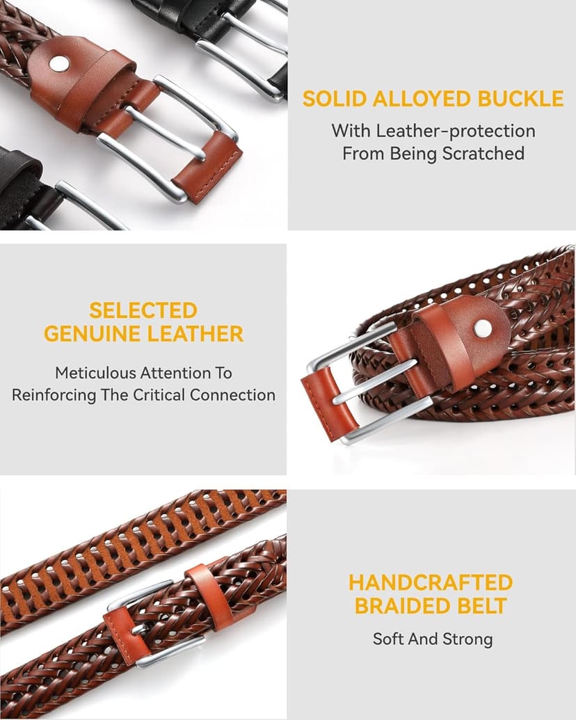 CHAOREN Mens Braided Leather Belt, Casual Woven Leather Belt for Men 35mm Width for Dress Jeans Golf