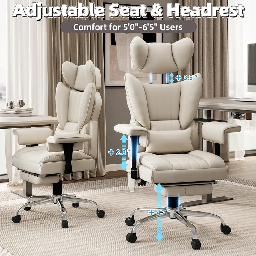 Massage Office Chair with Heat - 6 Points Vibration 400LBS Leather Reclining Office Chair with Lumbar Pillow, Adjust Headrest and Armrest, Executive Desk Chair for Home Office, Beige