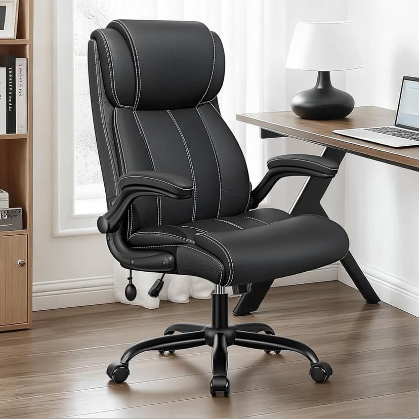 BESTFAIR Ergonomic Office Chair - Desk Computer Chair, Leather High Back Executive Chairs with Adjustable Lumbar Support & Flip Up Arms, Rocking, Black