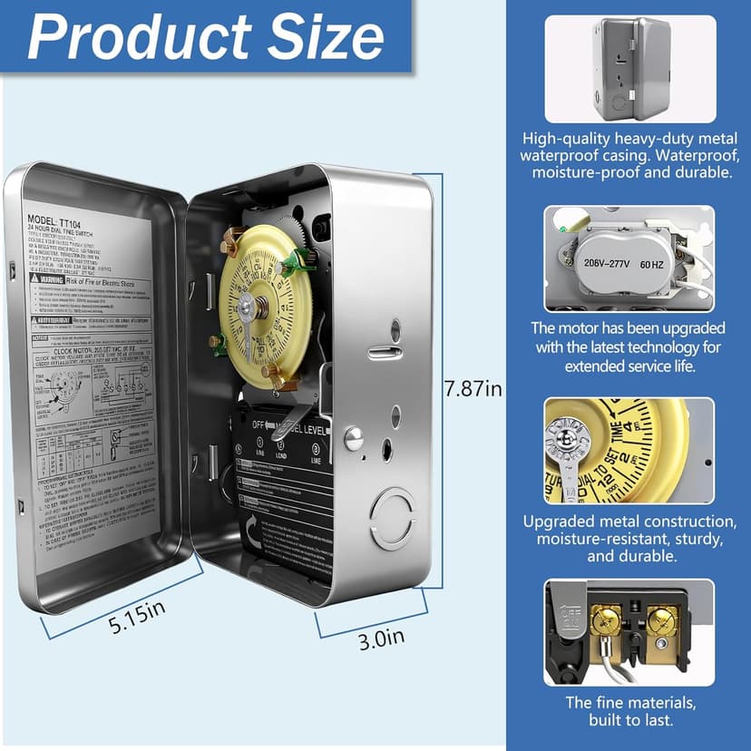 T104 Mechanical Timer Switch, 208–277 VAC 40 Amp,Pool Pump Switch, 24 Hour 12 ON/Off for Pump, Heavy Duty Pool Timers Outdoor, Timer for Lights HVAC Systems, 5 Years Warranty