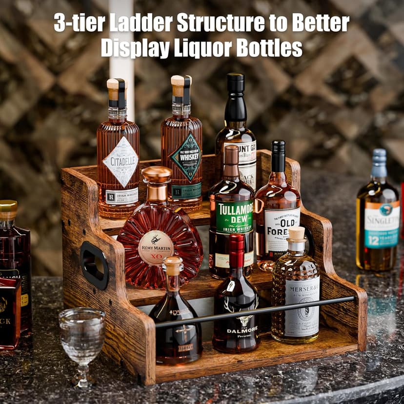 KLM Liquor Bottle Display Shelf, Coffee Syrup Rack Organizer, 3 Step Countertop Liquor Wine Rack, mini bar,liquor cabinet, Home Retro Bar Shelf Stand for Liquor Whiskey, Spirits B0D8TFHH3F