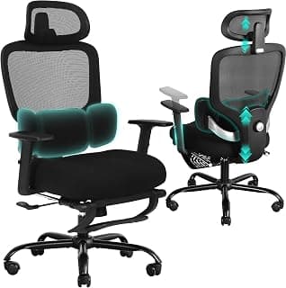 Ergonomic Office Chair with Footrest, Mesh Desk Chair with Adjustable Headrest & Armrests & Dynamic Floating Wing Lumbar Support, High Back Computer Chair for Home Office, BIFMA Certified, Black