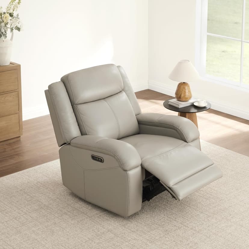 Watson & Whitely Genuine Leather Power Recliner Chairs for Adults, Wall Hugger RV Recliner with Power Headrest & Charging Ports, Electric Recliner Sofa Chair for Living Room, Grey