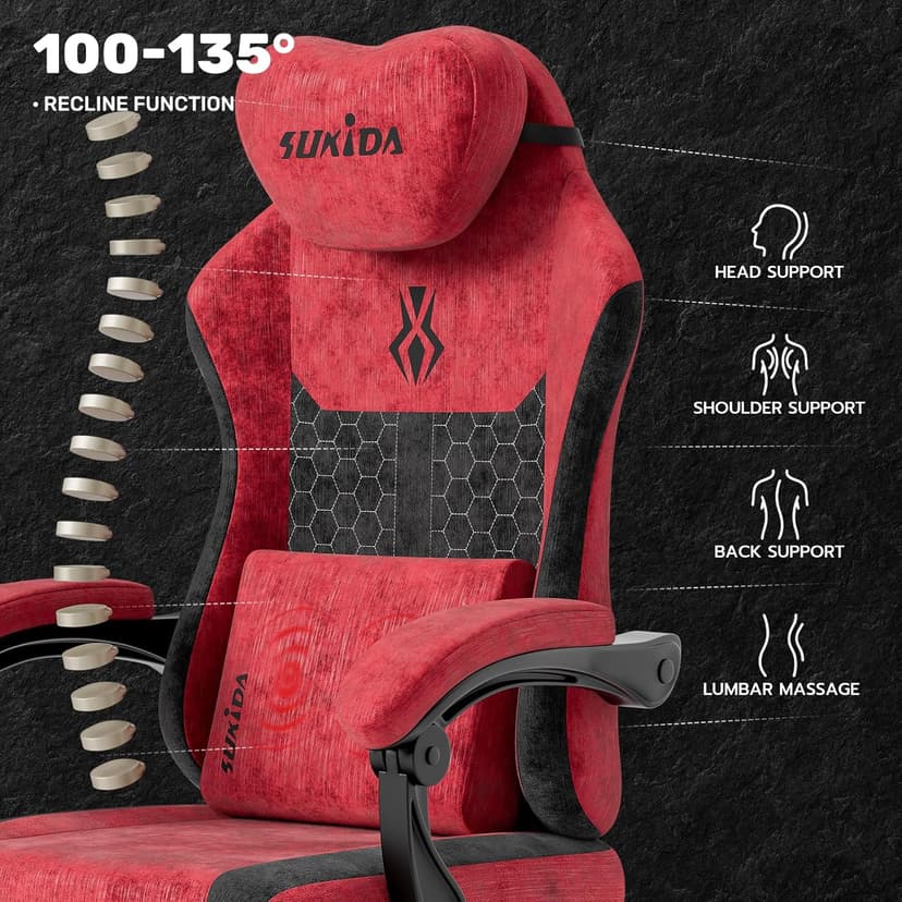 SUKIDA Fabric Video Gaming Chair, Ergonomic High-Back Computer Game Chairs with Large Massage Adjustable Lumbar Support, Headrest and Linked Armrests for Long Hours Sitting Task Chair, Red