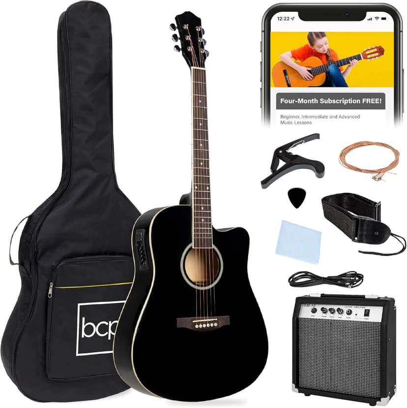 Best Choice Products Beginner Acoustic Electric Guitar Starter Set w/ 41in, All Wood Cutaway Design, Gig Bag, Strap, Picks - Black