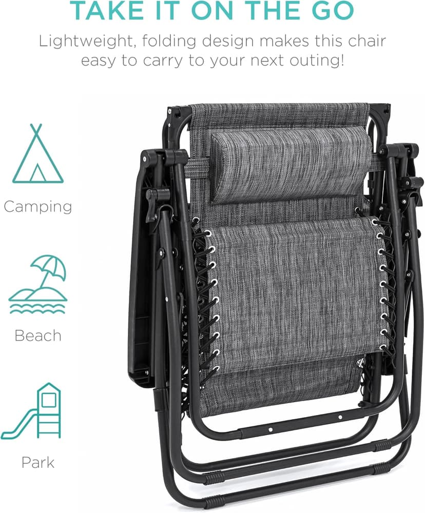 Best Choice Products 30” Wide Folding Zero Gravity Outdoor Recliner Patio Lounge Chair w/Adjustable Canopy Shade, Headrest, Side Accessory Tray - Gray