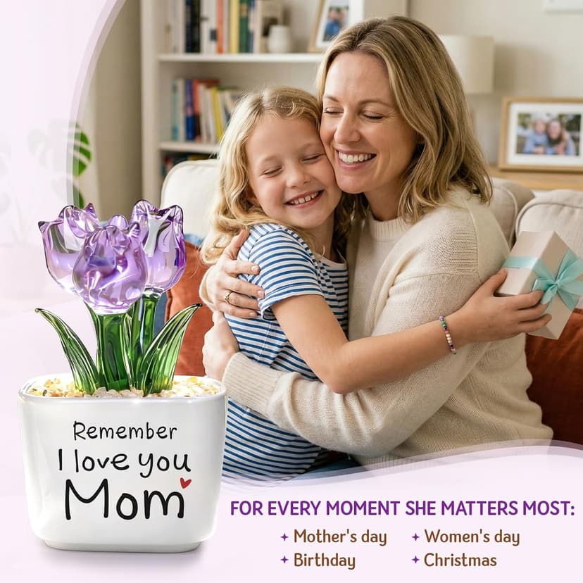 Remember I Love You Mom - Mom Birthday Gifts for Mothers - Collectible Flower Figurine Birthday Gifts for Mom from Daughter Son - Mini Purple Glass Tulip B0GTLL16WJ