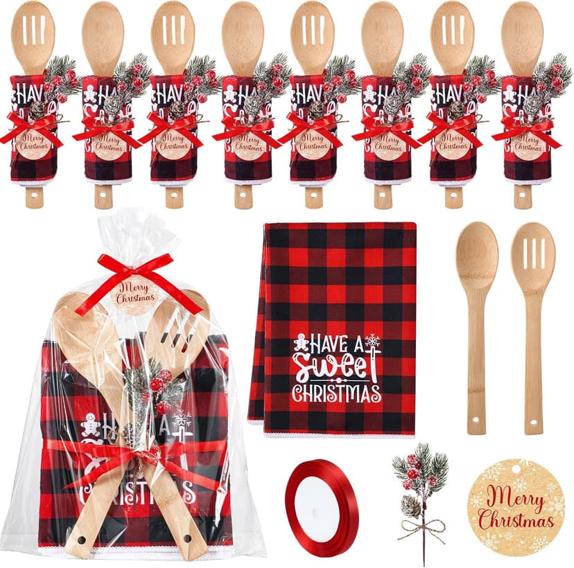 Pinkunn 8 Set Christmas Kitchen Gifts Bulk Xmas Dish Towels and Wooden Spoons Pine Picks Thank You Tag Ribbon Holiday Cooking Utensils Housewarming Gifts for Neighbor Employee Kitchen Xmas(Festive)