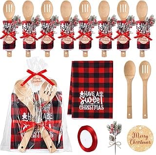 Pinkunn 8 Set Christmas Kitchen Gifts Bulk Xmas Dish Towels and Wooden Spoons Pine Picks Thank You Tag Ribbon Holiday Cooking Utensils Housewarming Gifts for Neighbor Employee Kitchen Xmas(Festive)