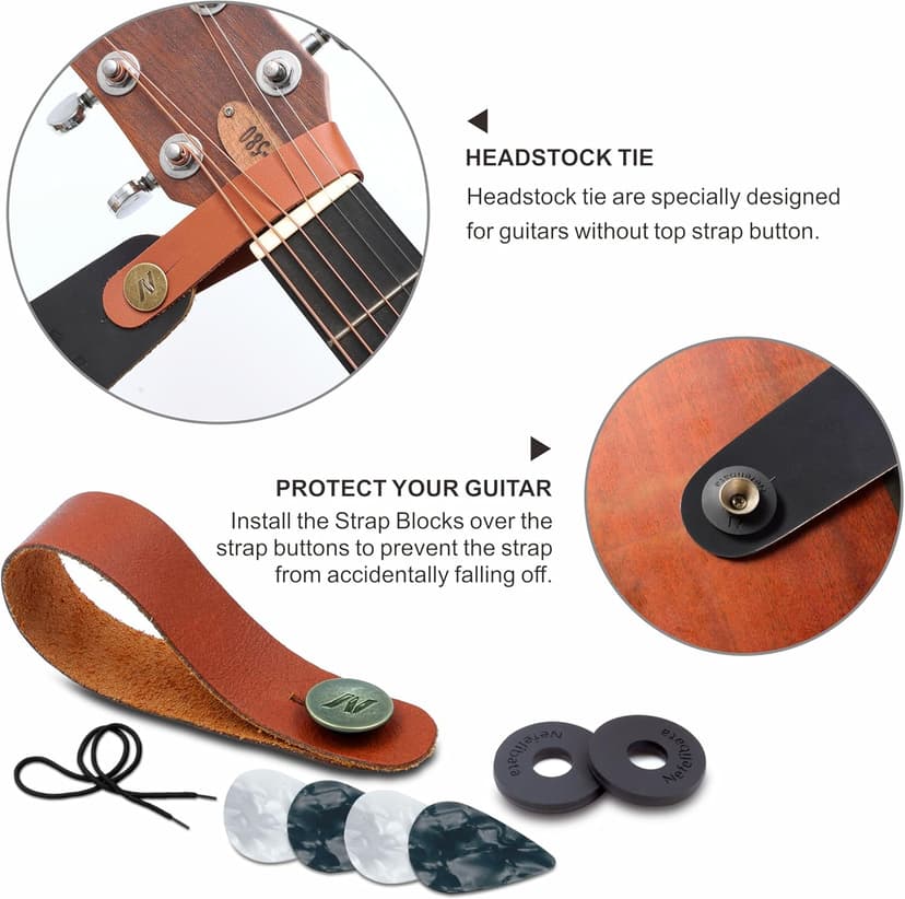 Nefelibata Guitar Strap, Sun & Moon Embroidery Guitar Straps with Head Cowhide Leather Ends for Bass, Electric & Acoustic Guitars, Free Strap Button, 1 Pair Strap Locks and 4 Guitar Picks