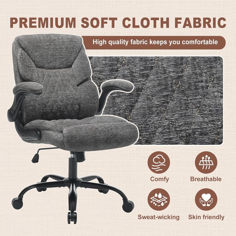 Cloth Office Chair Mid Back Ergonomic Computer Chair Comfortable Fabric Padded Home Office Desk Chairs with Flip-up Arm Rest Adjustable Height Swivel Wheels for Short People Use | Grey