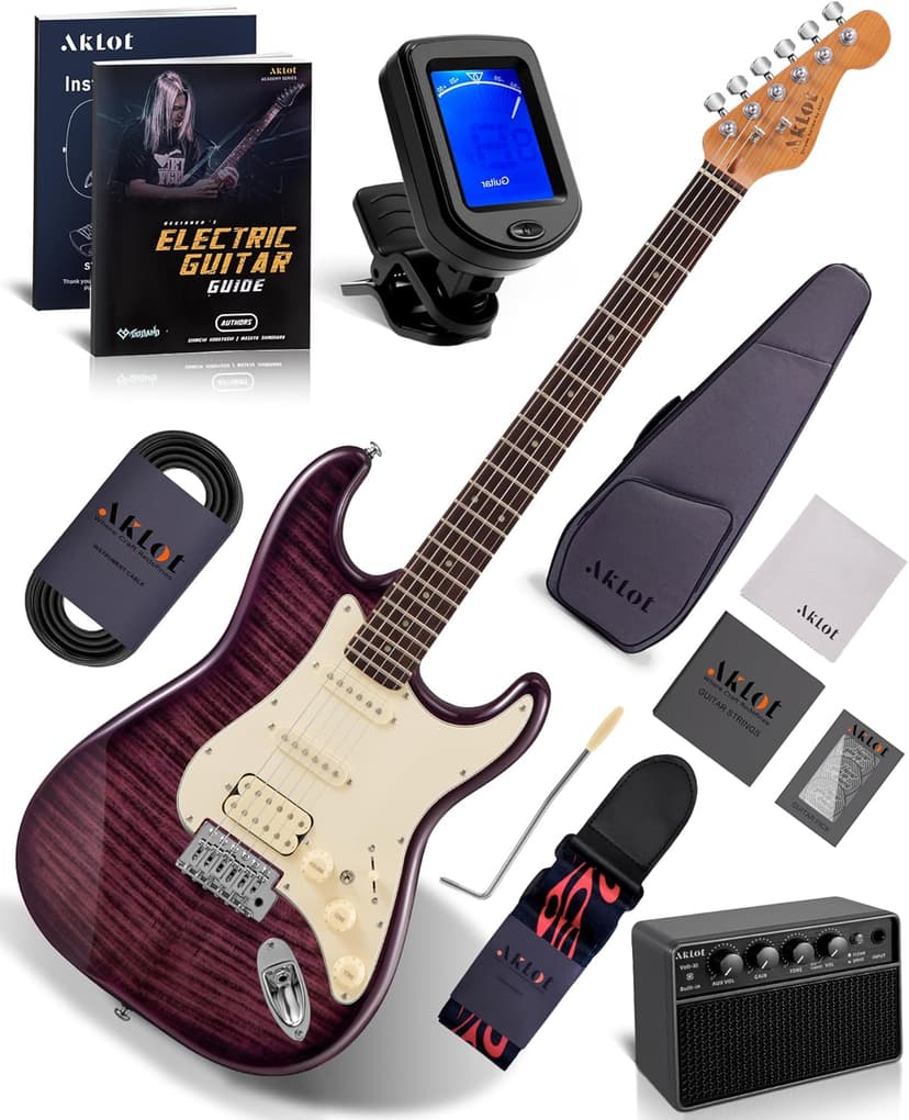 AKLOT Beginner Electric Guitar Kit: 10W Amp, Coil-Split HSS Pickups, Lesson Book, Roasted Maple Neck, Gig Bag, Tuner, Strap, Picks, Stryde Violet Venom
