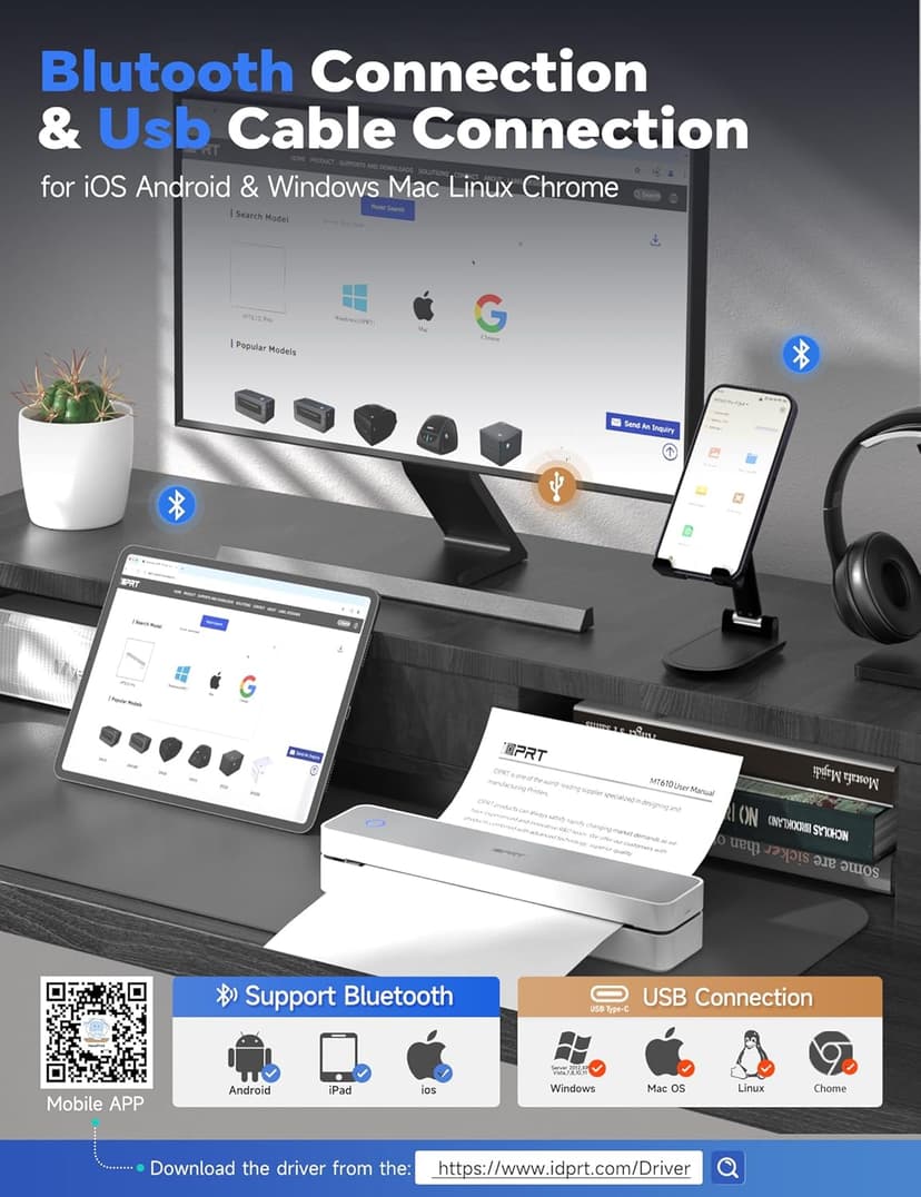 iDPRT MT610 Pro Portable Thermal Printer, 300DPI HD Mobile-Travel-Printers, Inkless-Wireless-Small-Printer for Home Use, Office, Vehicles, Bluetooth Printers Supports 8.5" x 11" US Letter&A4&A5, White