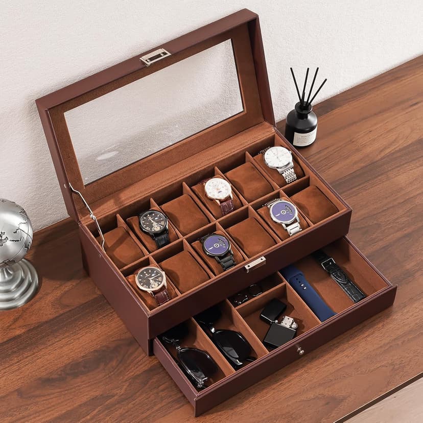 ProCase ProCase Watch Box, 12 Slot Mens Watch Case With Drawer, 2-Layer Watch Display Case With Glass Lid, Mens Jewelry Box Storage Holder Organizer, Birthday Valentine Gifts for Men -12Slot, Espresso