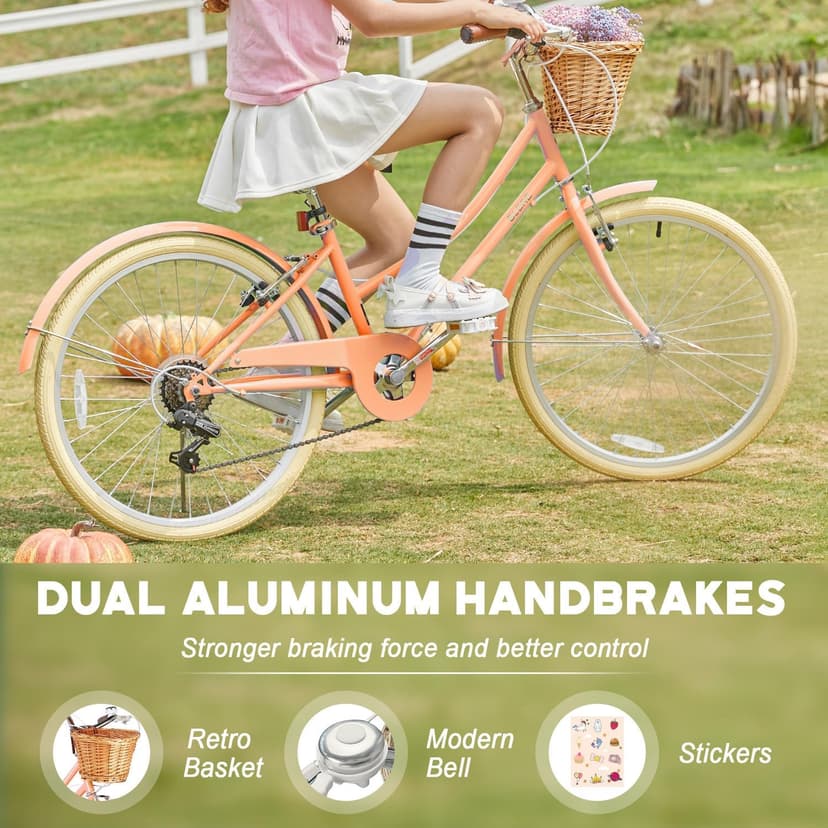 Glerc 20 24 26 Inch Beach Cruiser Bike, 6-Speed Hybrid City Bicycle for Girls Youth and Over 6 Years Old, Missy Bike with Wicker Basket & Lightweight, Multiple Colors