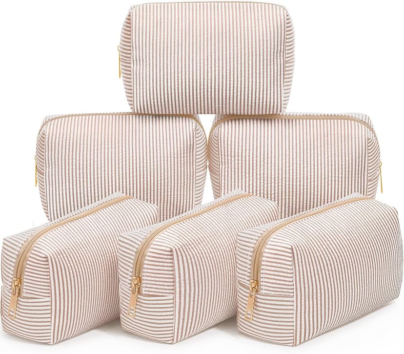 Makeup Bags Women Pouch, Large Preppy Storage Toiletry Travel Pouch for Wedding Bridesmaid Bride Favor Back to Teacher Gift Sanwuta 6 Pcs Seersucker Cosmetic Bags Bulk, Striped Zippered,Khaki B0FXMF4P4J