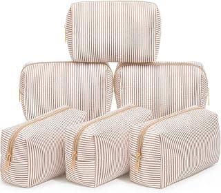 Makeup Bags Women Pouch, Large Preppy Storage Toiletry Travel Pouch for Wedding Bridesmaid Bride Favor Back to Teacher Gift Sanwuta 6 Pcs Seersucker Cosmetic Bags Bulk, Striped Zippered,Khaki B0FXMF4P4J