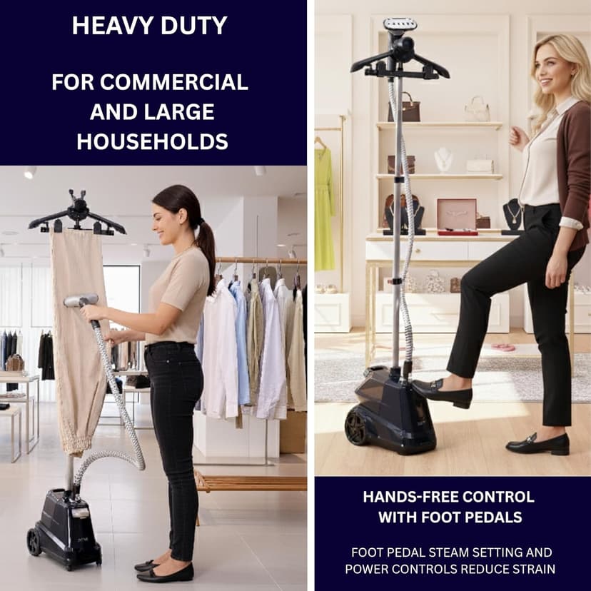 SALAV Heavy Duty Commercial Full-Size Garment Steamer with Foot Pedals and Extra Large 3L (101.5 oz) Water Tank, 1800 watts of Poweful Steam (Navy)
