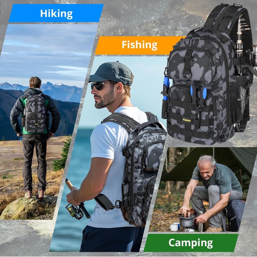 PLUSINNO Fishing Backpack with Tackle Boxes, Waterproof Fishing Sling Tackle Bag For Fishing Gear With Rod Holder, Fishing Gifts for Men With Fishing lures, Fishing pliers, Fish Lip Gripper.