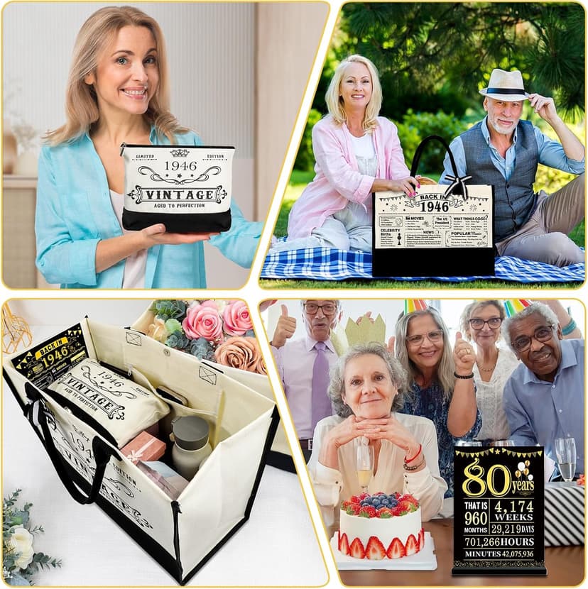 YeohJoy 80th Birthday Gifts for Women Canvas Tote Bag Travel Gear, Unique 80 Years Old Birthday Gifts for Mom Wife Aunt Friends Her, Vintage 1945 Handbag & Cosmetic Bag & Back in 1945 Poster