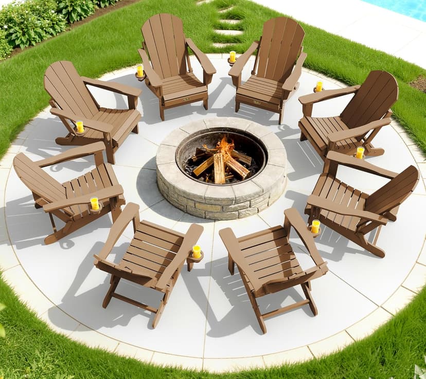 SERWALL Folding Adirondack Chair Set of 2 Outdoor Chairs Painted Adirondack Chair with Cup Holder Weather Resistant for Patio Deck Garden, Backyard Deck, Fire Pit- Brown