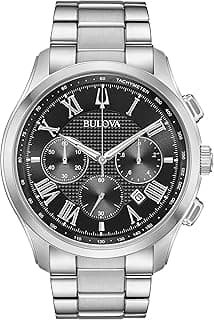 Bulova Men's Classic Wilton 3-Hand Chronograph, Luminous Hands, Roman Numeral Markers Domed Mineral Crystal, 43mm, Stainless Steel/Black Dial