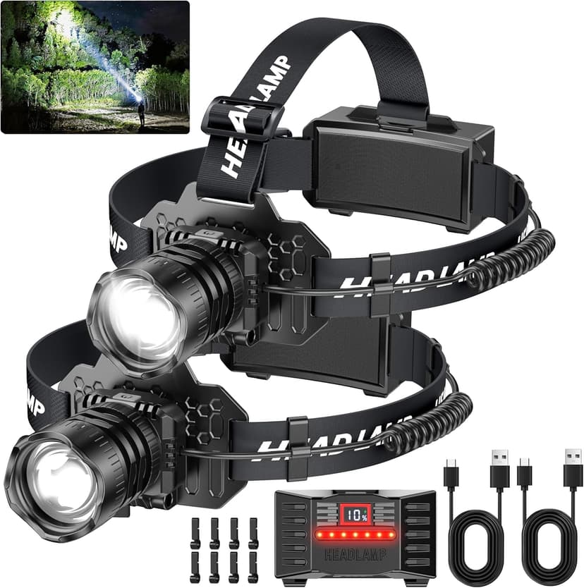 Curtsod Rechargeable LED Headlamp 2-Pack - 99000 Lumens Super Bright with Motion Sensor & 90° Rotation - Waterproof Headlight for Camping, Hiking, Running - 3 Light Modes