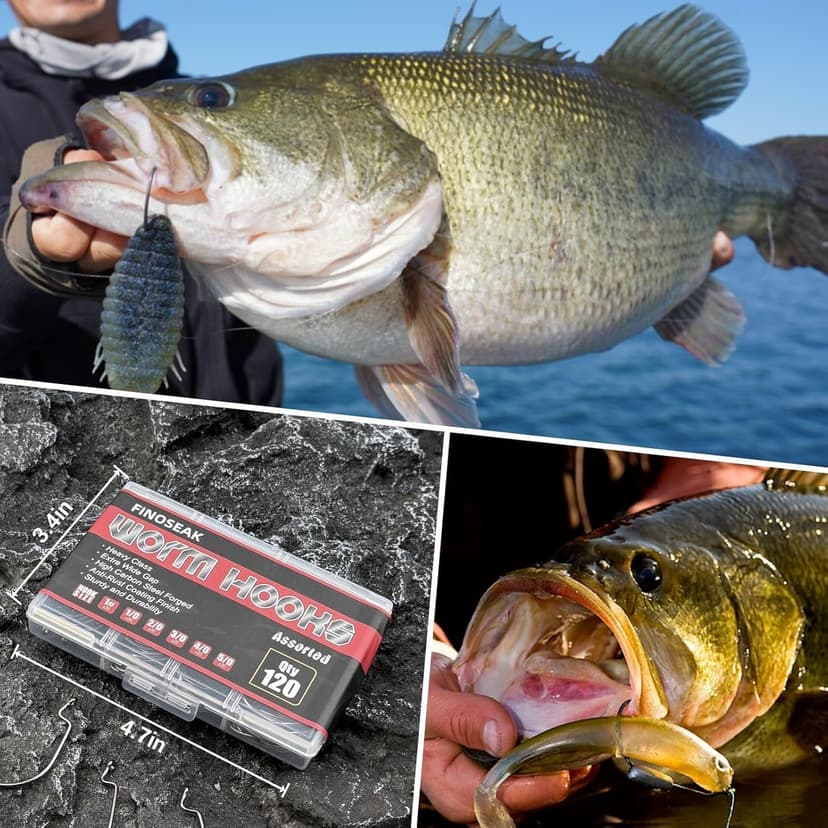 FINOSEAK 120Pcs Bass Hooks Set, Strong Offset Bass Fishing Hooks Freshwater Barbed Sharp Worm Hooks for Texas Rigging Fishing Extra Wide Gap 6 Sizes Assorted #1 1/0 2/0 3/0 4/0 5/0