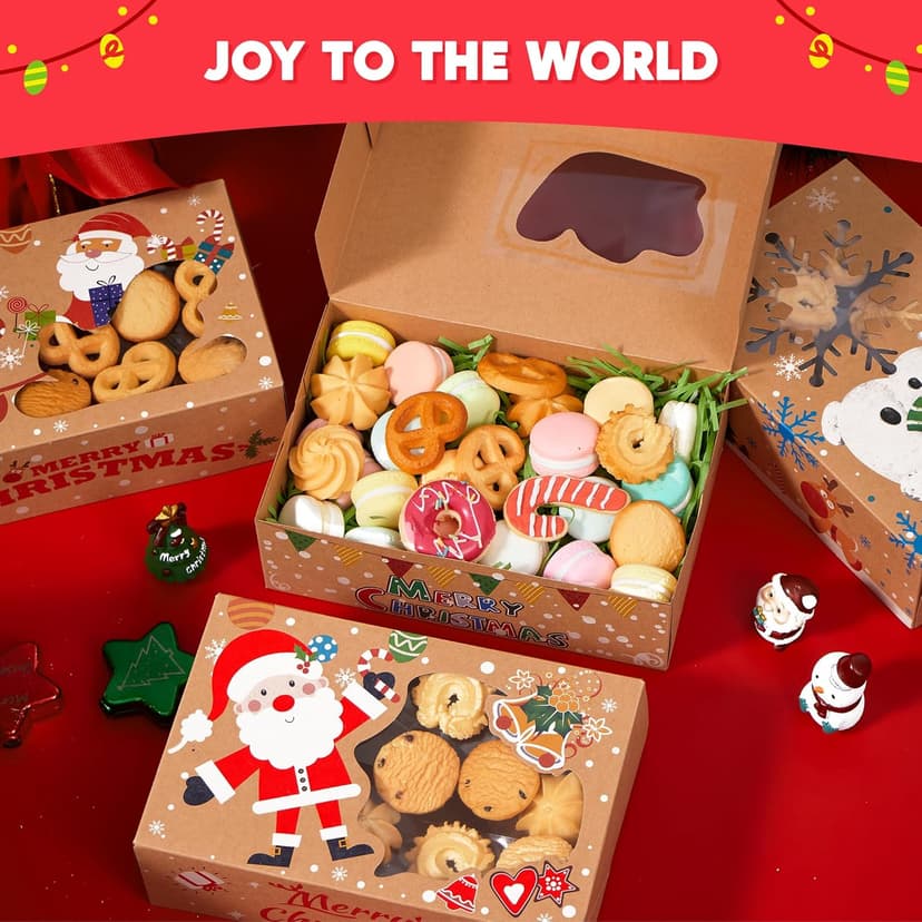 JOYIN 12PCS Christmas Cookie Boxes for Gift Giving, 8.75" x 5.75" x 2.75" Xmas Holiday Bakery Treat Boxes with Window, Kraft Cookie Tin Container Box for Baked Goods, Cupcake, Pastry, Candy, Doughnut