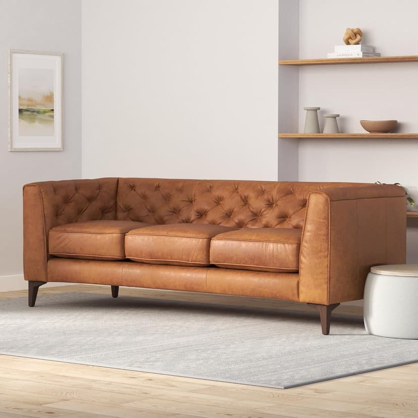 POLY & BARK Essex 89” Full-Grain Italian Leather Sofa – Tufted Back, Feather-Down Comfort, Solid Wood Frame, Cognac Tan