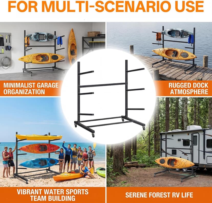 Kayak Storage Rack with Wheel, Adjustable Kayak Racks, Carbon Steel Water Sport Watercraft Storage Rack for Canoes or Surfboards