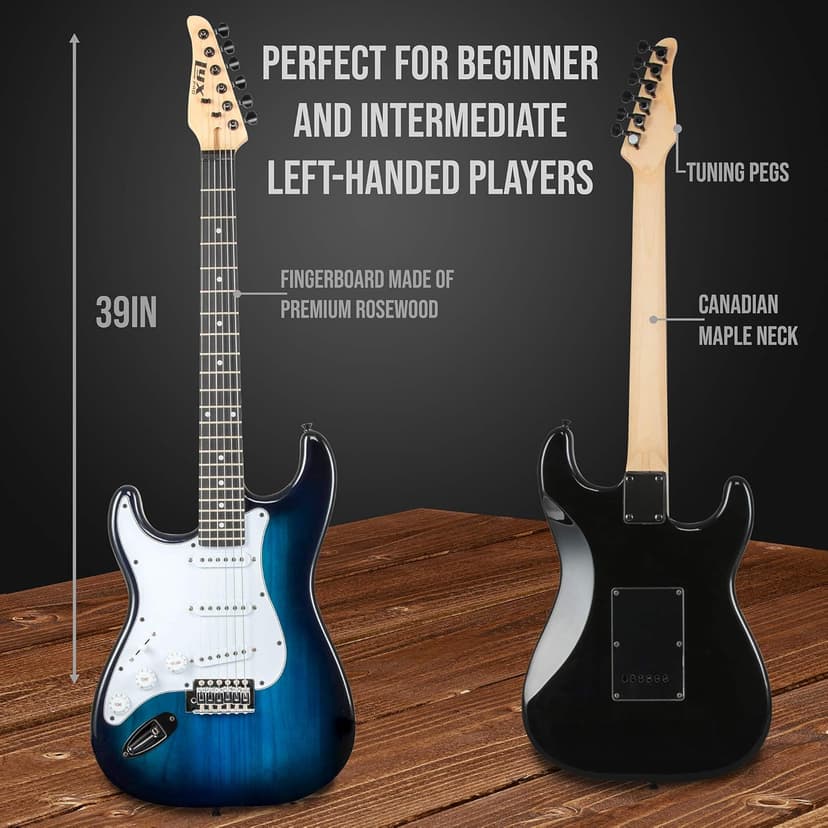 LyxPro Left Hand 39 Inch Electric Guitar and Starter Kit for Lefty Full Size Beginner’s Guitar, Amp, Six Strings, Two Picks, Shoulder Strap, Digital Clip On Tuner, Cable and Soft Case - Blue