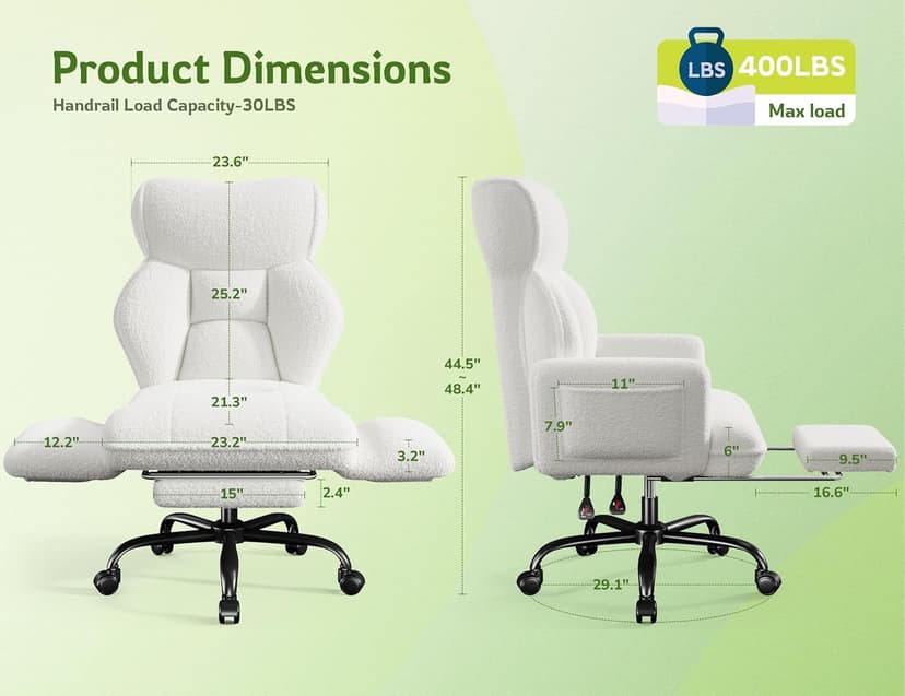 DurayLoly Big and Tall Office Chair with Adjustable Arms and Back, Ergonomic Office Chair with Footrest and Comfortable Fabric for Home Office, Bedroom,White