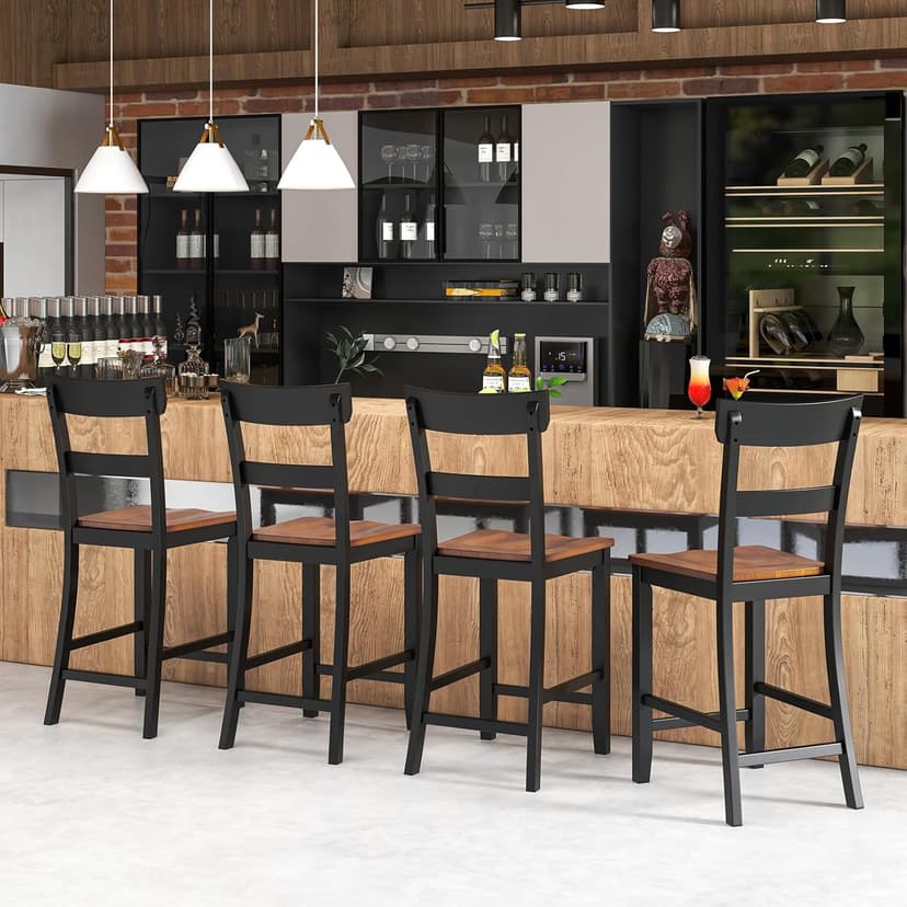 COSTWAY Counter Height Bar Stools Set of 4, 24'' Mid Century Modern Island Chairs with Rubber Wood Legs and High Backrest, Wooden Barstools for Home Kitchen, Dining Room, Bar, Restaurant (Black)