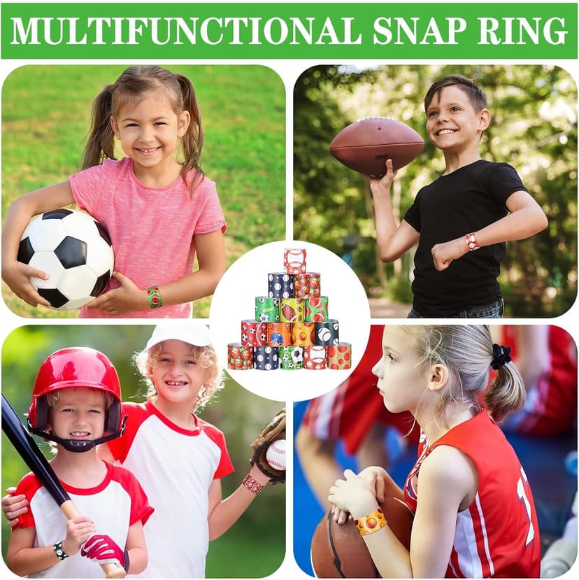 Deekin 48 Pcs Sports Party Favors Slap Bracelets Football Baseball Soccer Snap Bracelet Bands Slap Bands Colorful Decorations for Kids Birthday Party Supplies, 8.8 x 1.2 Inch