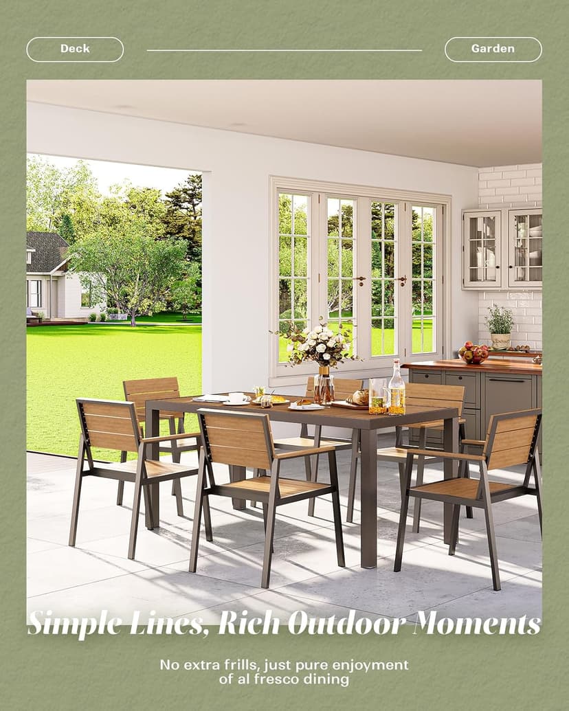 Vexwalx 7-Piece Outdoor Dining Set, Aluminum Dining Table Set for 6, Patio Table and Chairs Set with Umbrella Hole, All Weather HDPS Outdoor Table and Chairs for 6 (Gray-Teak)