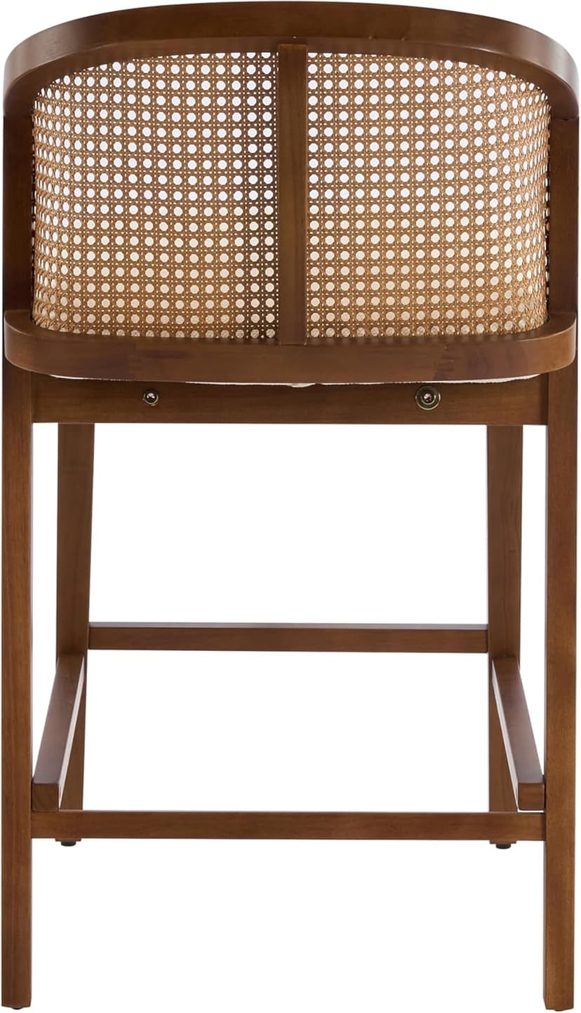 Christopher Knight Home JENA Rattan Counter Stools Set of 2, Counter Height Bar Stools for Bar Table, Rubberwood Frame with Upholstered Barstools, Wood Accent Chair with Footrest, Beige + Walnut
