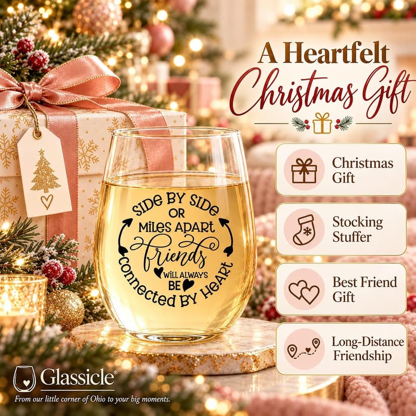 Side By Side Or Miles Apart Best Friend Wine Glass - 15 Oz, Scratch-Resistant Wine Glass - Birthday Gifts for Her, Stocking Stuffer, or Long Distance Friendship Gifts for Women - Printed in the USA