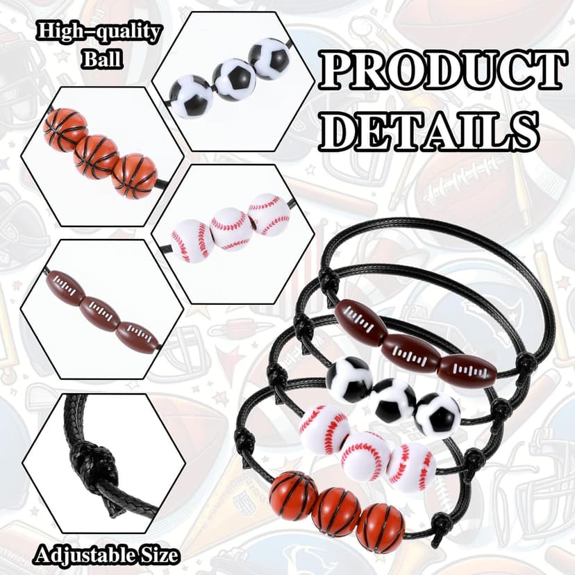 LLOUSSAK 24Pcs Sports Party Favors, Adjustable Sports Bracelets, Soccer Basketball Football Baseball Bracelet Wristbands, Sports Birthday Party Favors Charm Bracelets for Team Adults Gifts