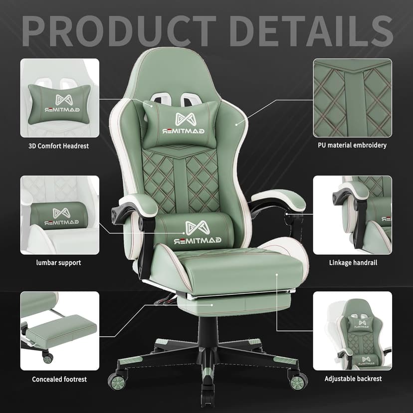 Gamtimer Gaming Chair, 400 lbs Adult Chair, High Back Computer Chair with Footrest and Linked Armrests, Office Video Game Chair with Lumbar Support (Green)
