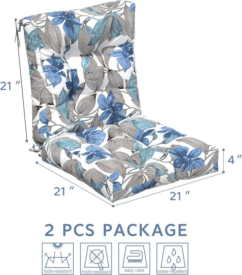 LVTXIII Outdoor Low Back Chair Cushions, Seasonal Replacement Adirondack Chair Cushion with Ties, Patio Waterproof Seat Cushions for Home Garden Use, 21 W x 21 D, Set of 2, Clemens Noir Blue