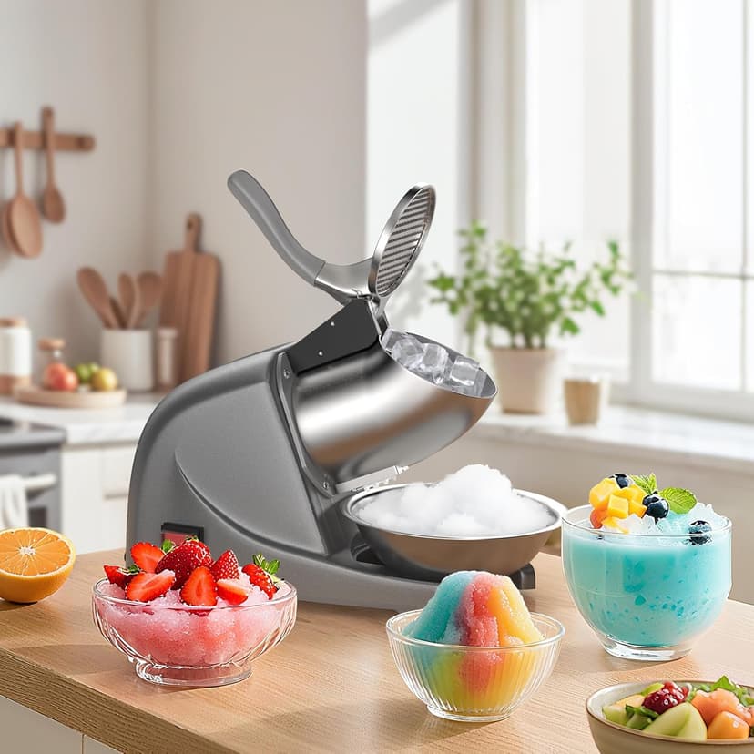 OKF Ice Shaver Prevent Splash Snow Cone Machine, Electric 3 Blades Shaved Ice Machine, 380W Ice Shaver Machine, 286lbs/hr Ice Crushers for Home Use, Ice Crusher with Free Ice Pick (Silver)