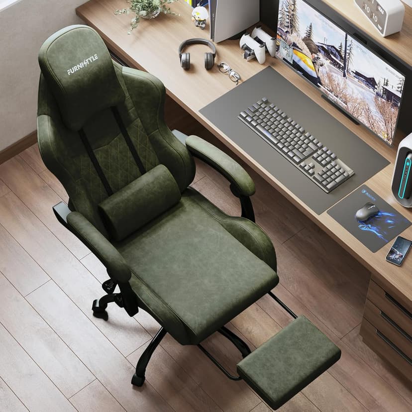 Gaming Chair Big and Tall, Green Leather Video Game Chairs with Footrest, Padded Linkage Armrests & Large Headrest, Ergonomic Computer Chair 350lbs for Adults Gaming or Office Use