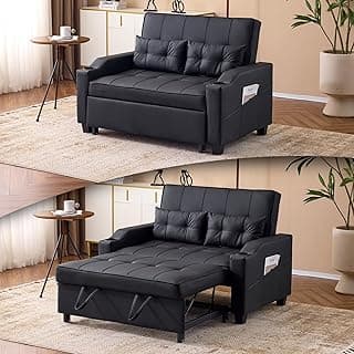 VINGLI Convertible Loveseat Sleeper, Black Faux Leather Futon Sofa Bed Pullout Couch Bed with USB Ports, Cup Holders, Armrest for Living Room, Bedroom, Home Office Apartment