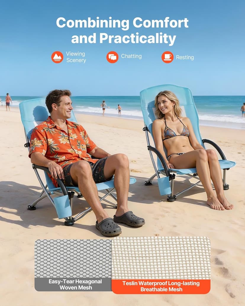 VEVOR Folding Beach Chair, High Back Camping Chairs for Adults, with Cup Pocket, Mesh Back, Carry Bag, Portable Extra Wide Seat Chair 330 lbs Heavy Duty Support, for Outdoor, Camp, Light Blue
