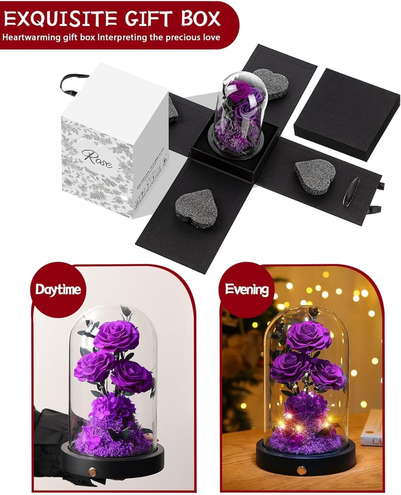 Christmas Flowers Roses Gifts for Mom,Forever Real Preserved Roses in Glass Dome,Christmas Anniversary Thanksgiving Gifts for Wife Girlfriend Women Best Friend Grandma/Purple Rose