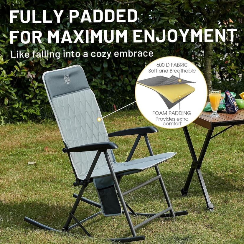 Timber Ridge 3-Level Adjustable Rocking Camping Chair, Padded High Back Outdoor Rocking Chair with Side Pocket, Portable Folding Rocker for Adults, Supports 300 LBS for Lawn, Patio, Porch